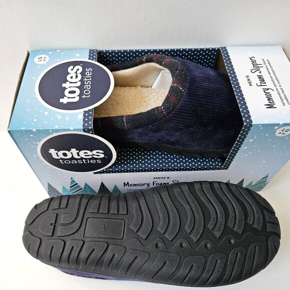 Totes Toasties Slippers Mens Large 9 10 Navy Corduroy Memory Foam Slip Ons NEW - Picture 3 of 4